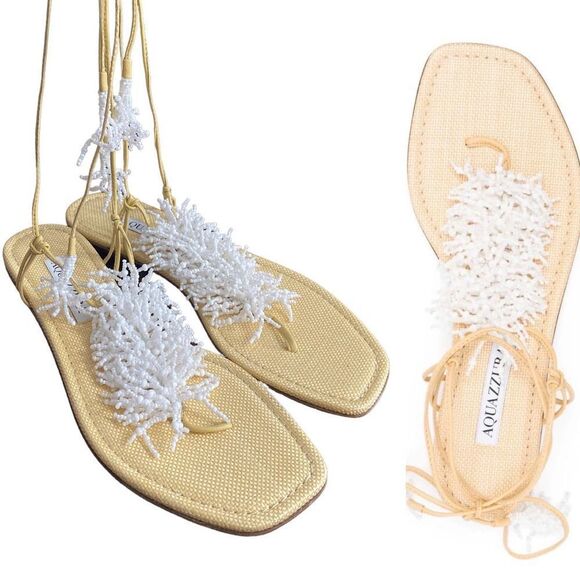 Aquazzura Panarea White Coral Beaded Tie Ankle Flat Sandals Size 37 - Picture 1 of 11